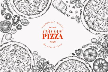Hand Drawn Vector Pizza Illustration. Retro Mushroom Pizza Design Template. Old School Italian Food