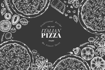 Hand Drawn Vector Pizza Illustration. Retro Mushroom Pizza Chalk Board Design Template. Old School Italian Food