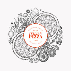 Hand Drawn Vector Pizza Illustration. Retro Mushroom Pizza Design Template. Old School Italian Food