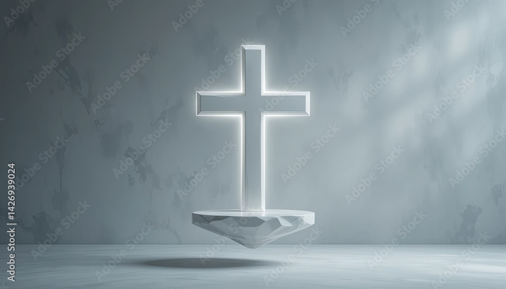 Poster a cross floats above a flat surface, glowing with soft light. the sleek design emphasizes simplicity