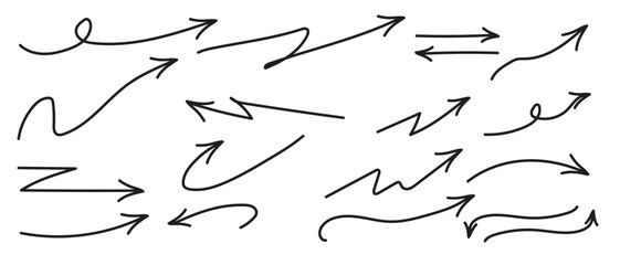 Collection of hand drawn curved arrow doodle style vector on white background. set of zigzag artistic arrow, directional arrow vector symbol