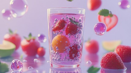 Fototapeta premium A playful bubble drink with floating cartoon fruit inside, sharp texture and lighting highlights in purple tones on a white surface.
