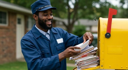 A mailman smiling as he delivers letters to a yellow mailbox on a sunny day. The mailman is wearing a blue uniform and a cap, and he looks happy to be doing his job