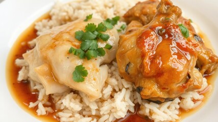 Savory Asian Chicken with Rice and Sauce Garnished with Cilantro