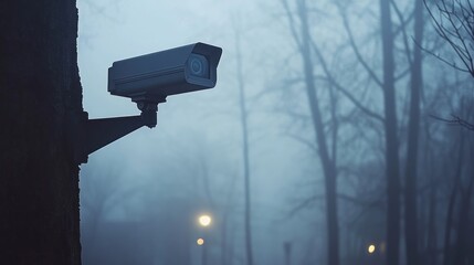 Security camera mounted on a tree in a foggy park at night.