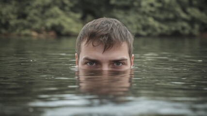 Fototapeta premium Person Partially Submerged in Water with Intense Stare and Nature Background