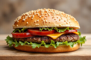 Juicy cheeseburger sesame bun fresh lettuce tomato melted cheese wood background delicious fast food