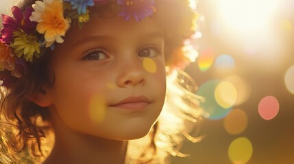 Fototapeta premium Child's joyful face with flower crown and confetti, celebrating International Children's Day with happiness and innocence. 