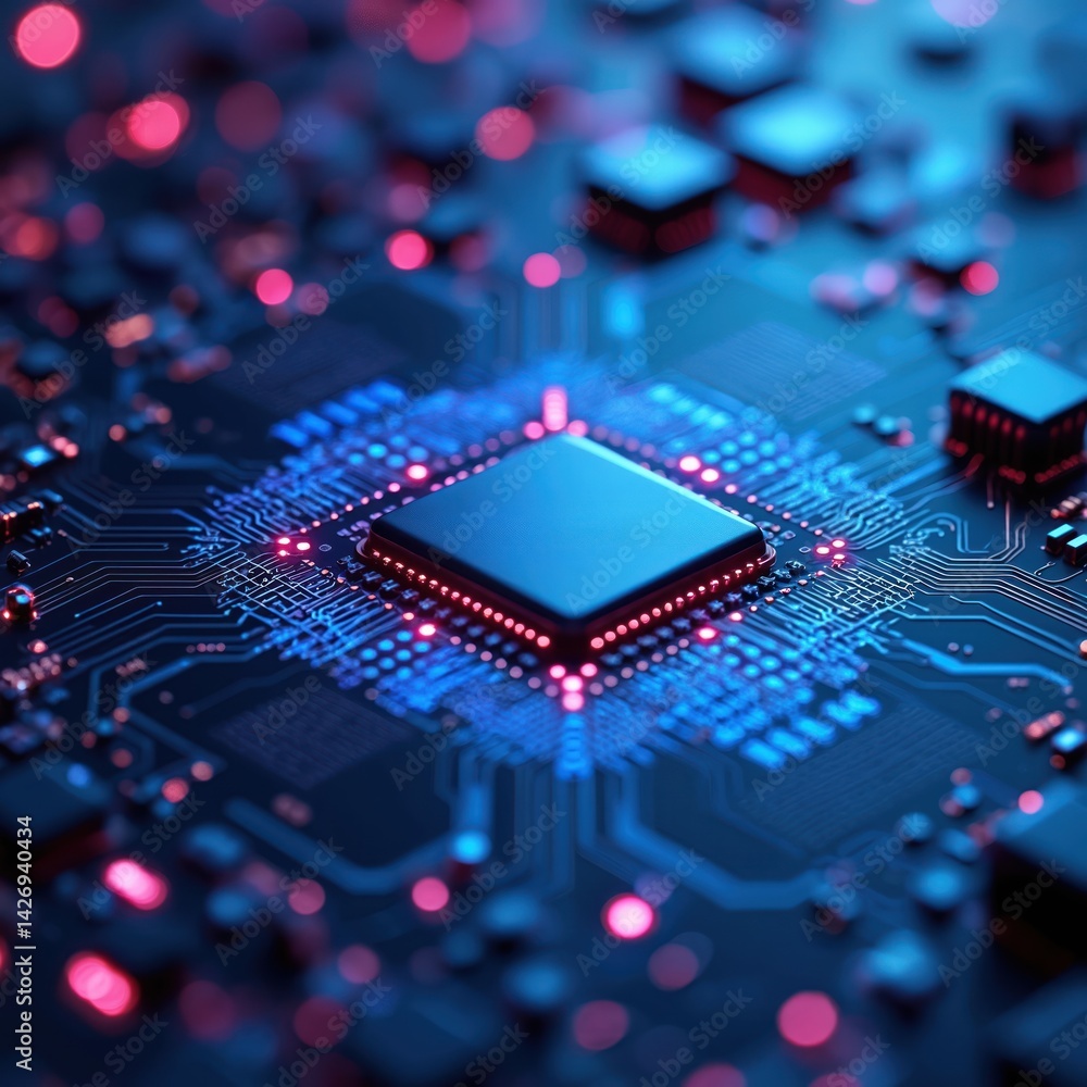 Aufkleber Blue-violet tech background. Micro circuit board with chips, electronic components. Processor core, central processing unit close-up. Digital information, high-tech industry, computing concept.