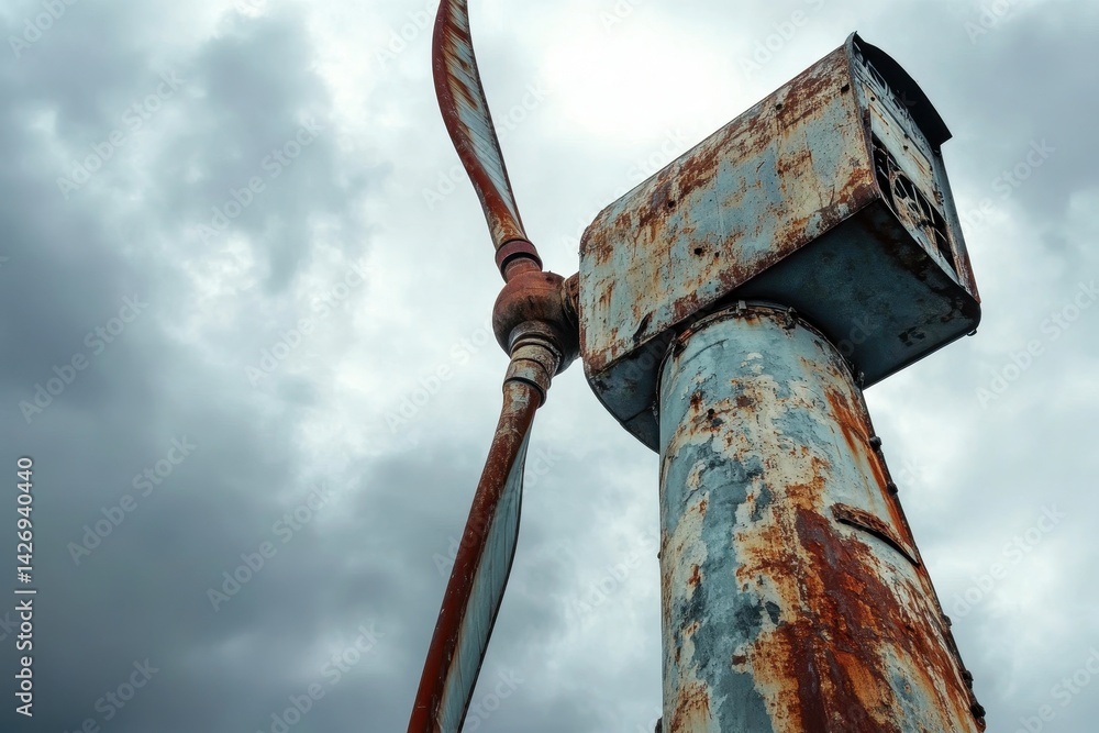 Poster closeup view of an old rusted vertical axis wind turbine against a cloudy sky, a close-up view of an
