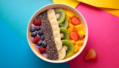 smoothie bowl with fresh fruit and chia seeds on a colorful background