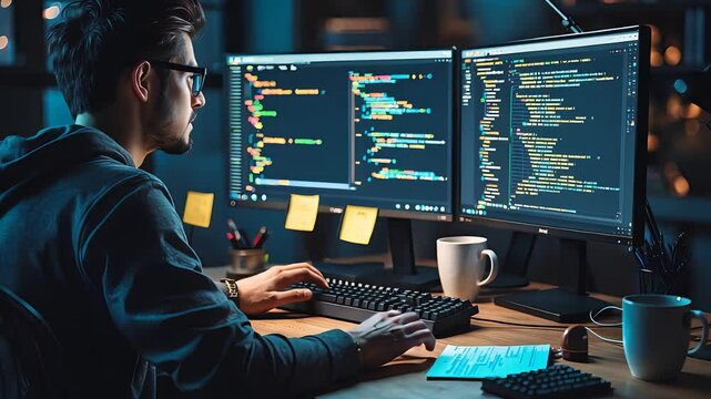 Programmer Coding on Dual Monitors in a Dark Room, Surrounded by Post-it Notes and Coffee Cups, Focusing on Software Development

