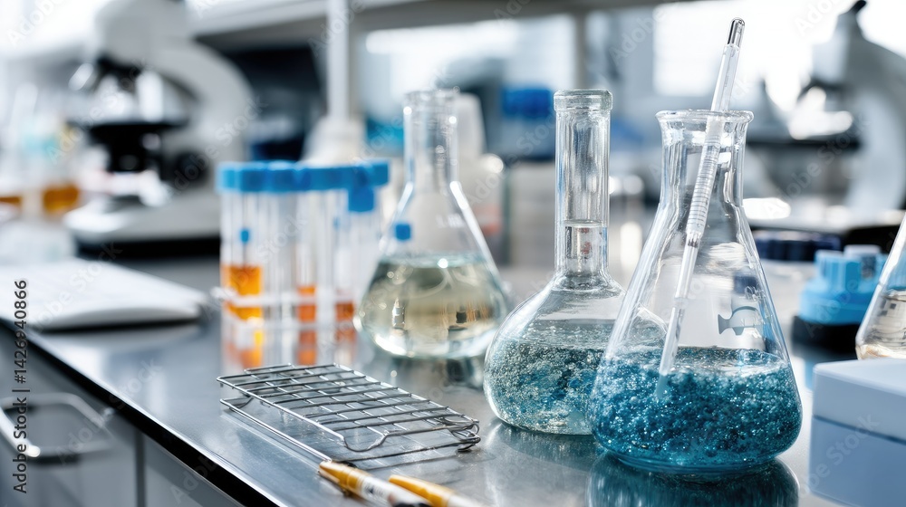 Poster various laboratory glassware and test tubes are arranged on a counter in a modern science lab during