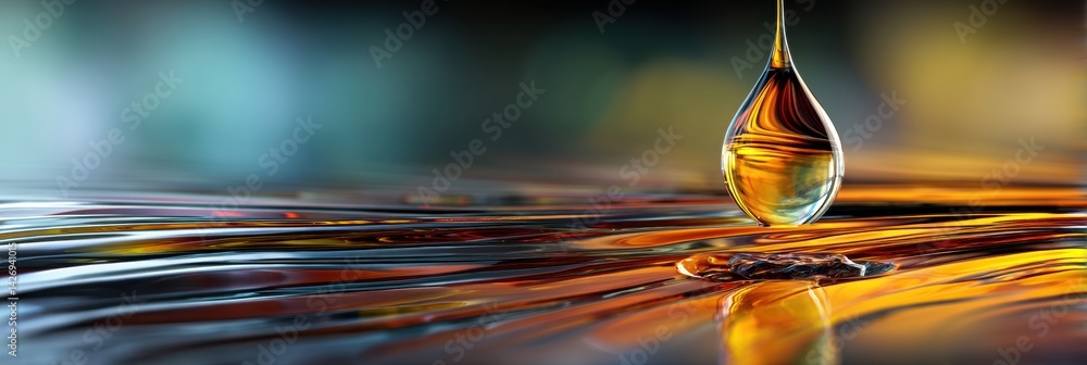 Poster magnified view of an oil drop reflects intricate patterns and colors under microscope