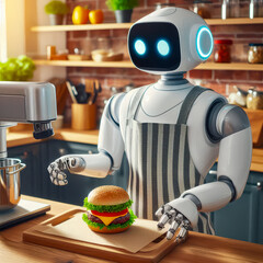 Robot chef preparing a gourmet burger in a modern kitchen during daylight hours