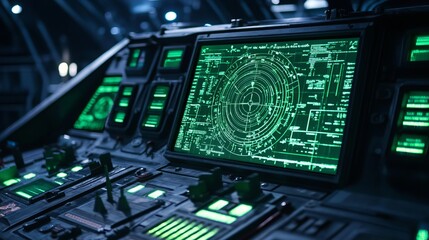 A modern ship's bridge features a radar screen, its green display illuminating the captain's station.
 