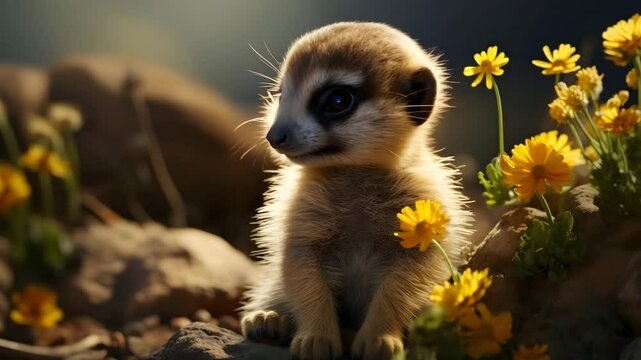Standing Meerkat Posing Adorably Near Yellow Flowers in Warm Sunlight
