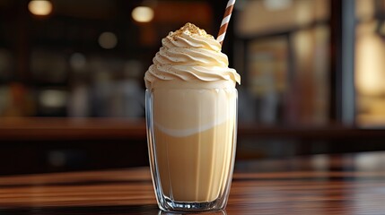 Icy milkshake with a straw and delicious whipped swirl in soft 3D lighting and detail