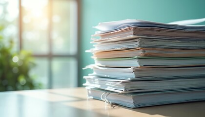 Pile of medical journals, research papers on wooden table in office. Documents, reports, information for science, study, business, education. White papers with silver metal clip. Science, research,