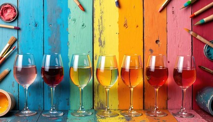 Colorful art and wine night promo ad. Wine glasses with different color drinks, paintbrushes, colorful palette, brush. Event invitation for artists and wine lovers. Creative sips. Fun summer evening.
