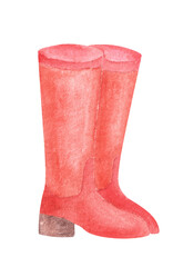 Watercolor hand drawn painted rubber red colored boots for gardeners. Autumn spring