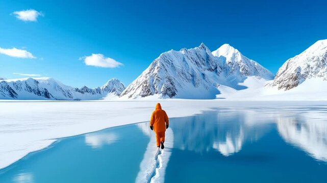 Polar explorer walking on thin ice in a frozen lake in a beautiful arctic landscape with mountains