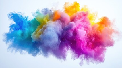 Fototapeta premium Colorful explosion of powder in vibrant hues. A cloud of multicolored dust particles, bursting with bright rainbow shades, against a plain background. 