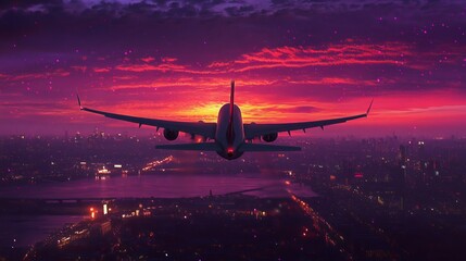 A passenger plane descends towards a city at sunset.  The sky blazes with purple, red, and pink hues as the aircraft makes its twilight landing