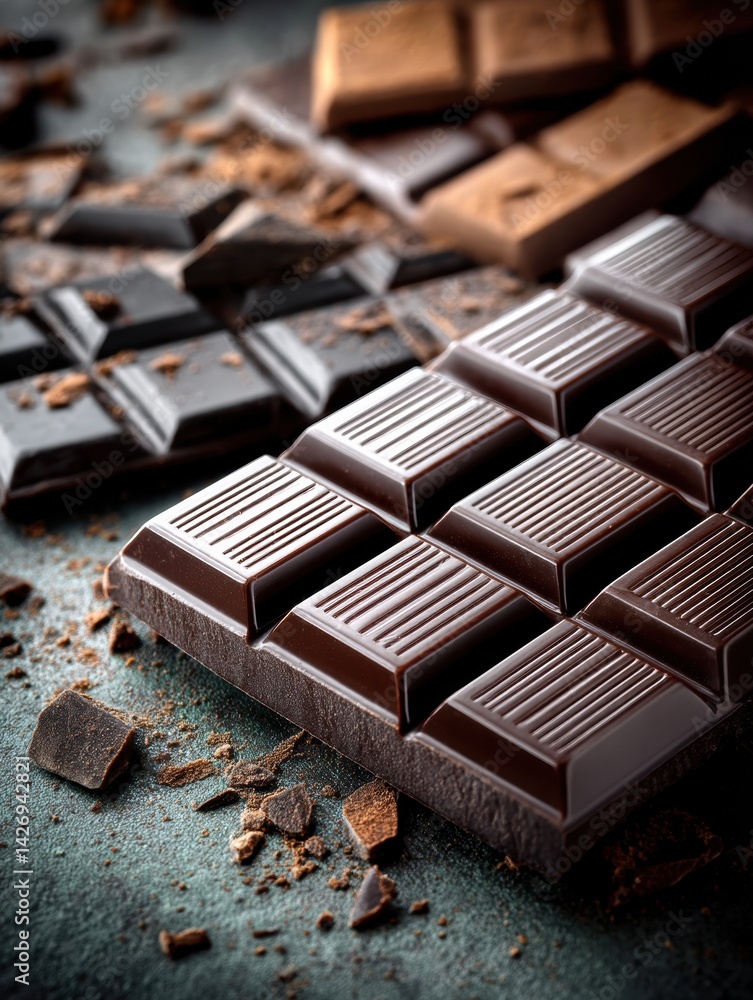 Poster Detail-rich Macro View of an Exquisitely Textured Chocolate Bar Broken Into Squares, Showcasing Its Shiny Surface and Delectable Appeal