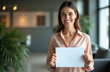 Smiling woman in office holds blank certificate. Happy female employee shows empty paper, space for text. Business, achievement, award, recognition, success. Portrait, career, pro, corporate.
