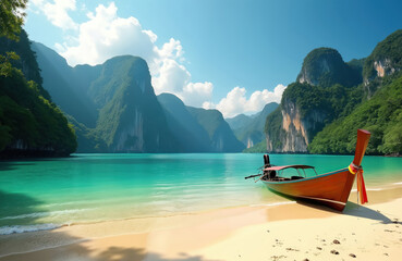 Obraz premium Scenic shot of a traditional Thai longtail boat on a tropical beach. Turquoise water meets golden sand. Majestic green mountains frame the serene bay. Perfect for vacation and travel themes.