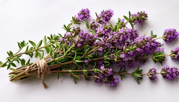 wild thyme sprigs displaying vivid purple flowers freshly gathered and arranged against pristine white surface highlighting herbal botanical details and culinary potential