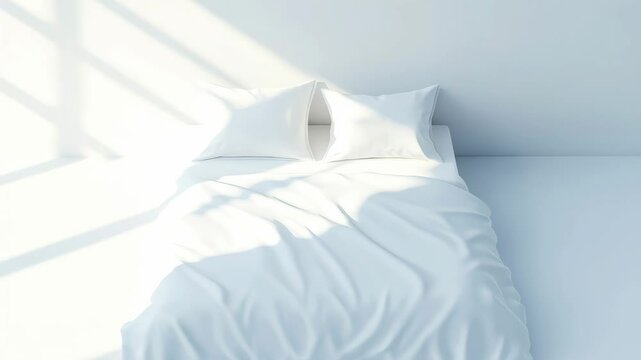 Unmade white bed in a white room with light changing