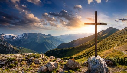 a beautiful mountain landscape with a cross in the foreground