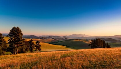 Fototapeta premium a serene landscape featuring rolling hills scattered trees and a distant mountain range under a clear sky at dusk