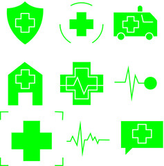 Obraz premium Set of 9 Medical Icons Including Shield, Hospital, Ambulance, Heartbeat Lines, and Communication – Transparent Background.