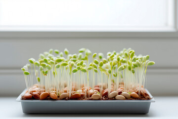 Dense cluster of fava bean sprouts growing in a tray near a window in soft natural light
