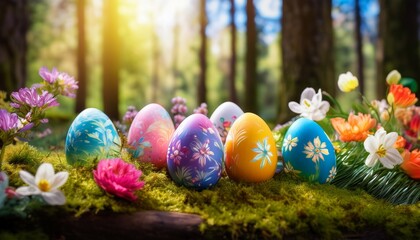 easter eggs colorful decorated eggs among blooming flowers in enchanted spring forest festive celebration