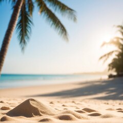 Sand with blurred Palm and tropical beach bokeh background Summer vacation and travel concept