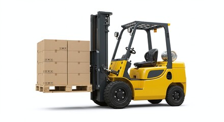 Forklift Lifting Pallet with Boxes Isolated on White Background. Generative AI