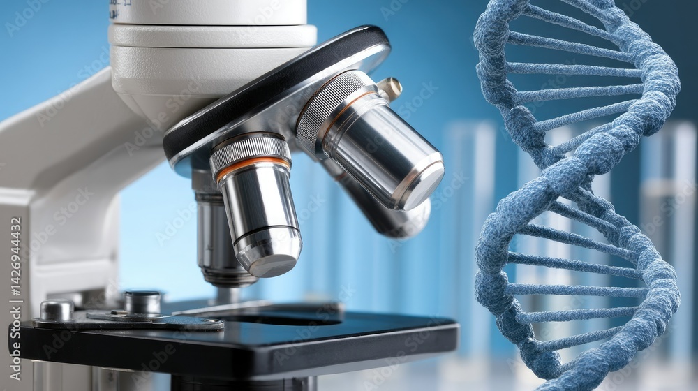 Poster advanced microscope and dna double helix symbolizing scientific research in a laboratory setting dur