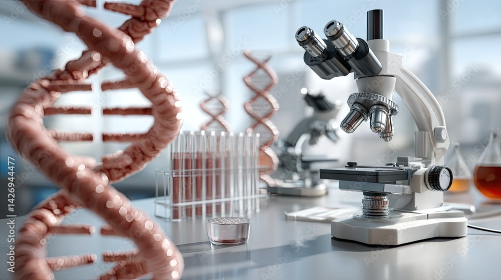 Poster advanced microscope and dna double helix symbolizing scientific research in a laboratory setting dur