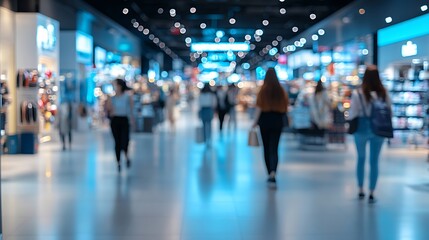 Blurred shoppers stroll through a bright modern mall