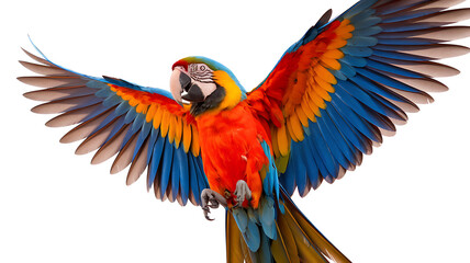 Fototapeta premium Vibrant macaw with brilliant blue and gold wings extended contrasted against a stark white background showcasing its vivid plumage.