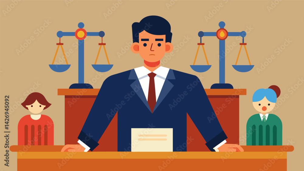 Poster a judge presiding over a courtroom calmly rendering fair and just decisions amidst conflicting testi