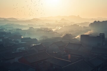 Rotating view of a tranquil Chinese residential area at sunrise with soft fog and distant mountains, Rotating shot of a Chinese residential area under sunlight