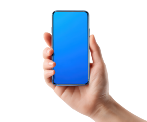 Hand holding smartphone with blue touch screen display for design