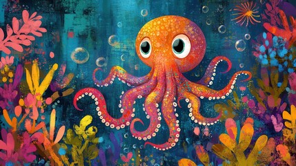 An illustration captures a cheerful, colorful, and cute baby octopus against a vibrant sea background.