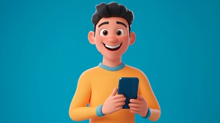 smiling man with beard using mobile phone on orange background.