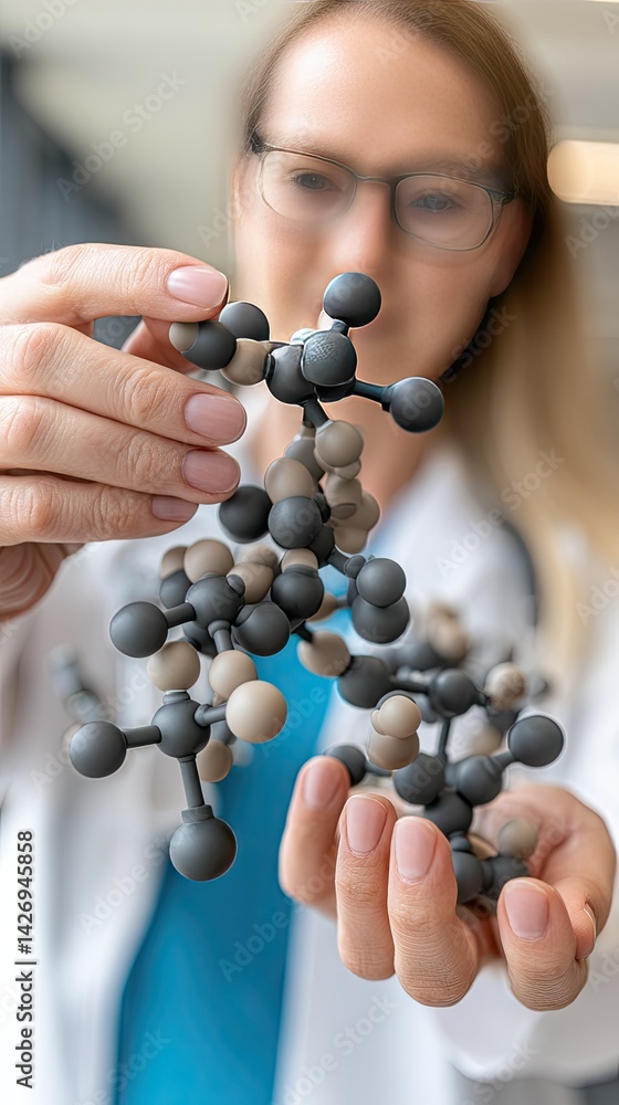 Poster scientist demonstrates molecular structure model while wearing a formal suit in a modern laboratory 